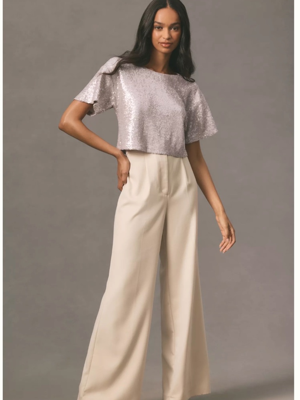 By Anthropologie Sequin Glam Cropped Short Sleeve Tee Shirt Grey Size Medium NWT